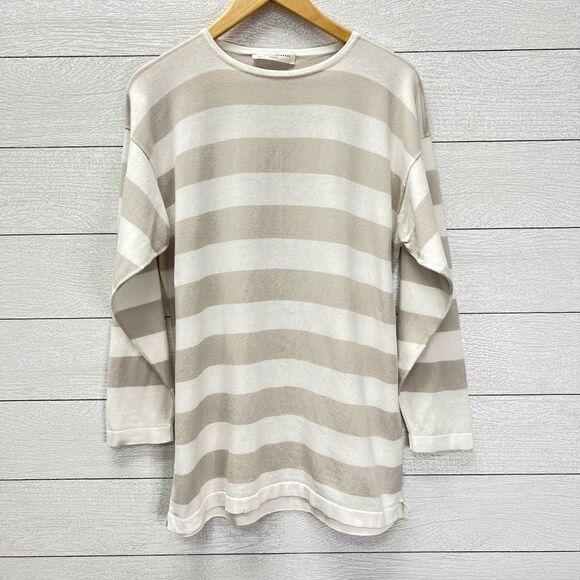 Amina Rubinacci Italy Cotton White Grey Striped Pullover Sweater Button Sleeve S - Picture 1 of 8